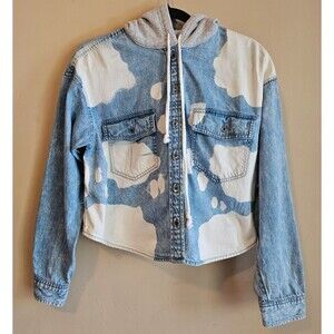 American Eagle Womens Hooded Jean Jacket Short Denim Bleached Clouds Sz S Blue